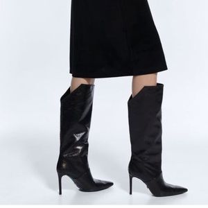ZARA BLUE COLLECTION SNAKESKIN LEATHER POINT TOE STILETTO HIGH HEEL BOOTS